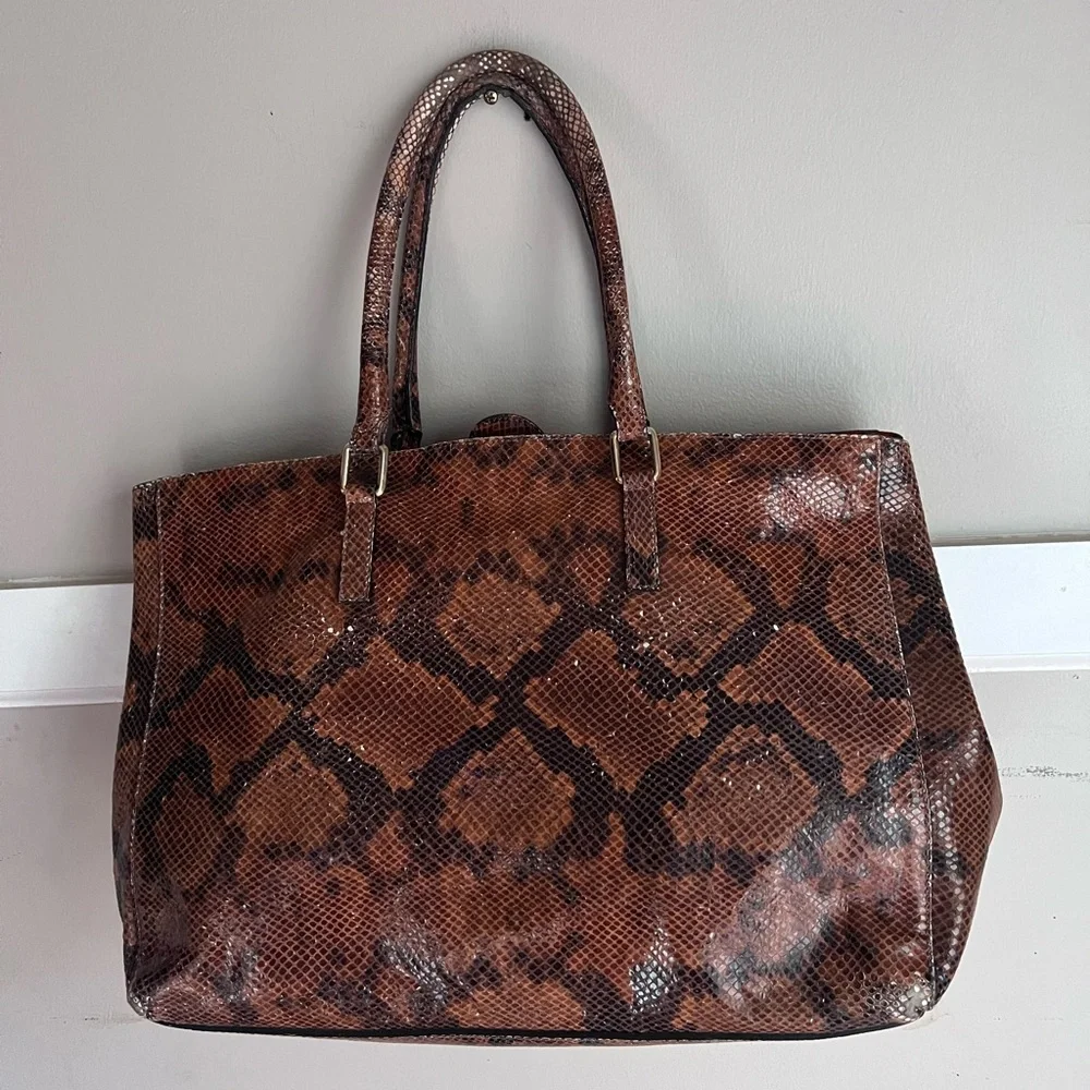Alberta Di Canio Rich Brown Snake Print Tote - Picture 2 of 3